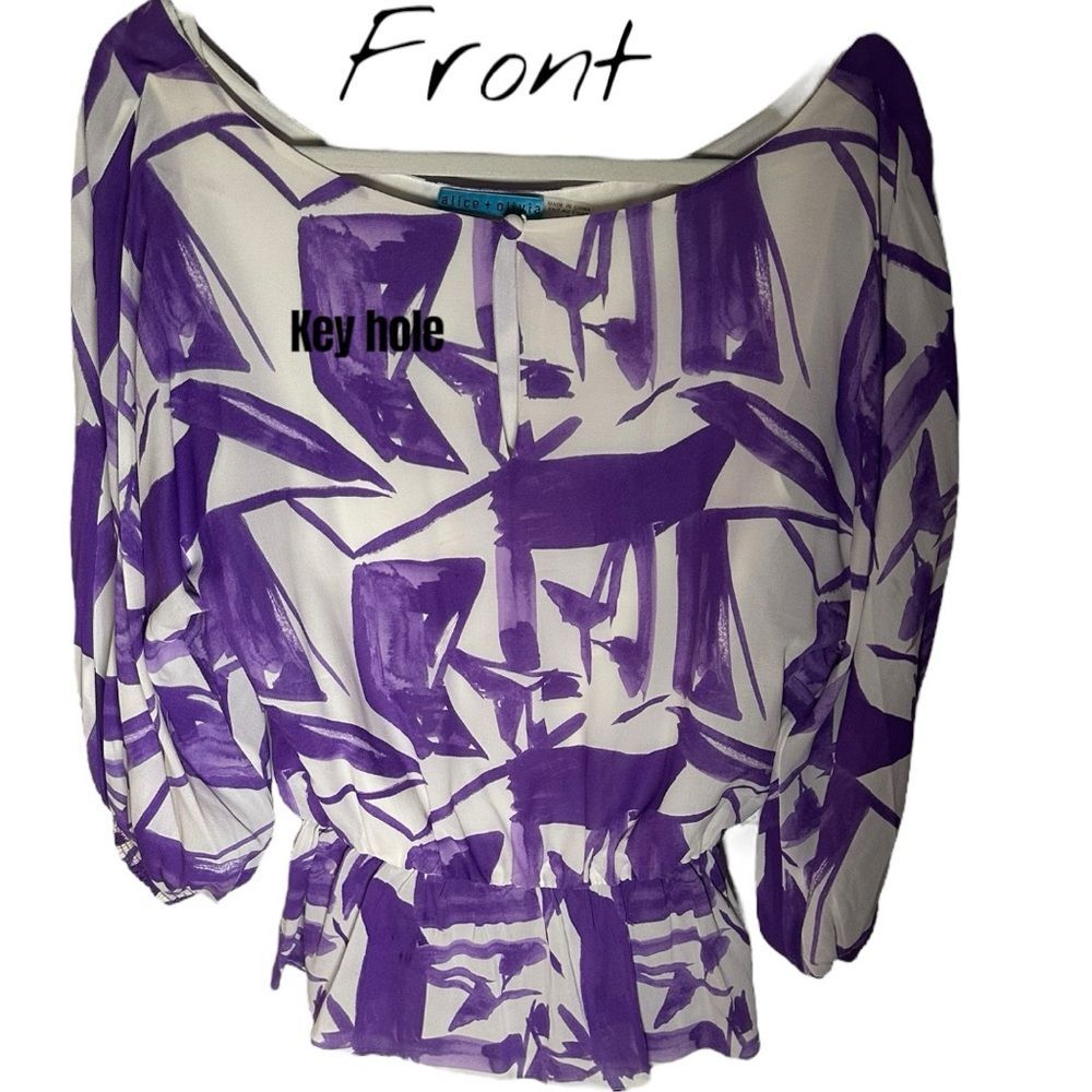 Alice + Olivia Purple Abstract Print Peplum Blouse with Keyhole Front Size S